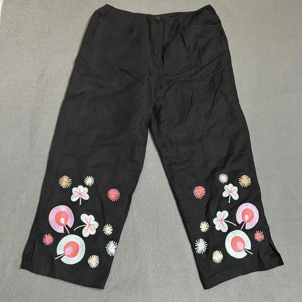 Larry Levine Pants Womens 6 Blk Linen Blend Floral Embroidered Cropped Hem Slit
